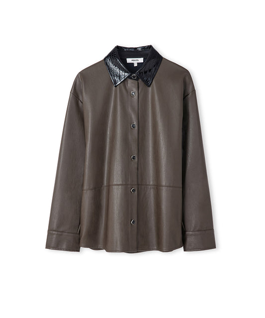 Contrast Collar Leather-Effect Shirt 