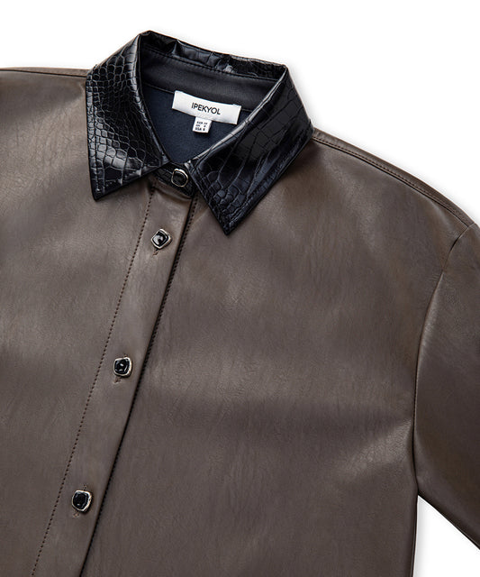 Contrast Collar Leather-Effect Shirt 