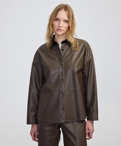 Contrast Collar Leather-Effect Shirt 