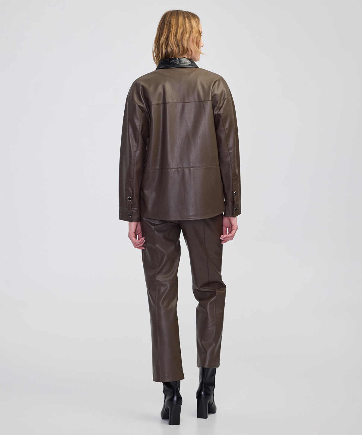 Contrast Collar Leather-Effect Shirt 