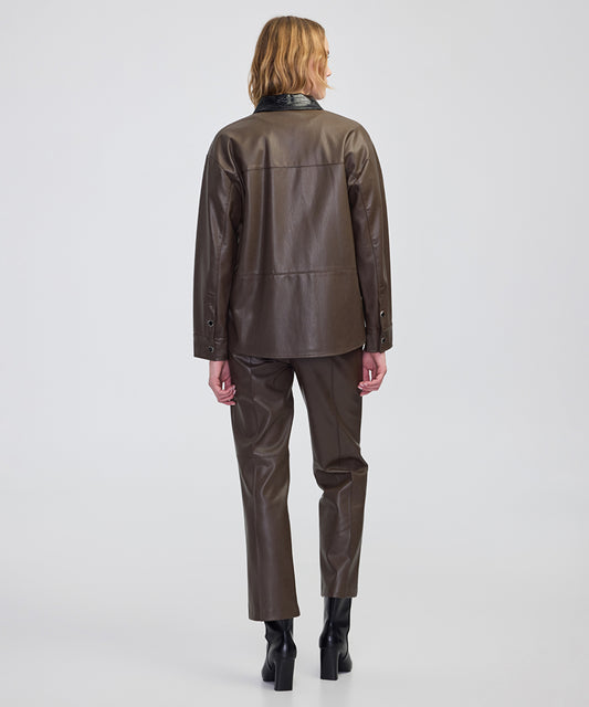 Contrast Collar Leather-Effect Shirt 