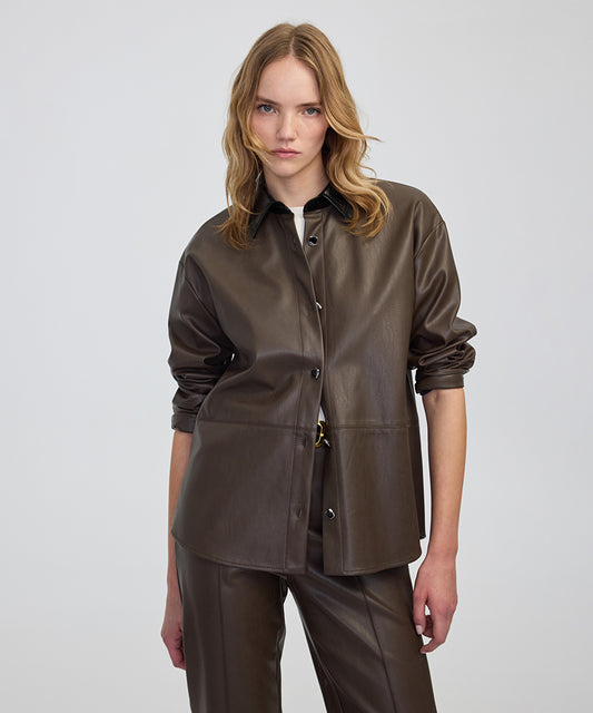 Contrast Collar Leather-Effect Shirt 