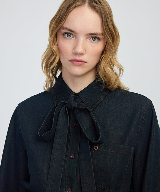 Tie-Neck Denim Shirt