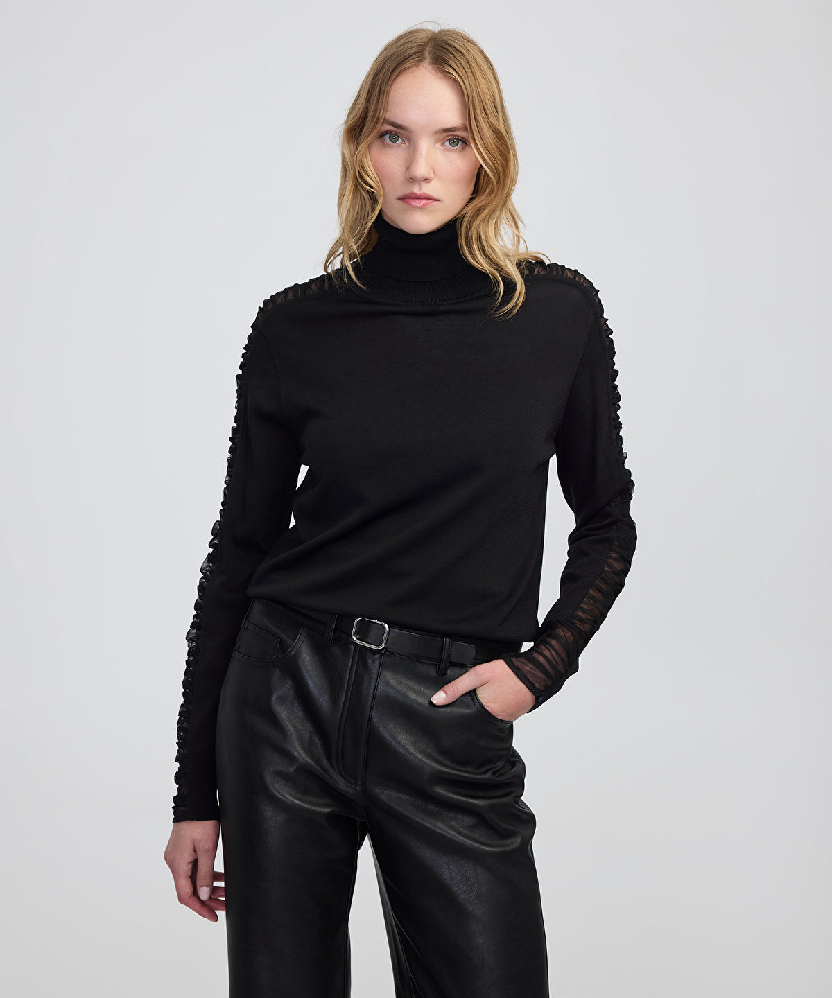 Draped Tulle-Sleeve Knit Top