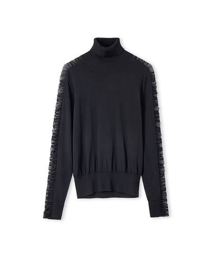 Draped Tulle-Sleeve Knit Top