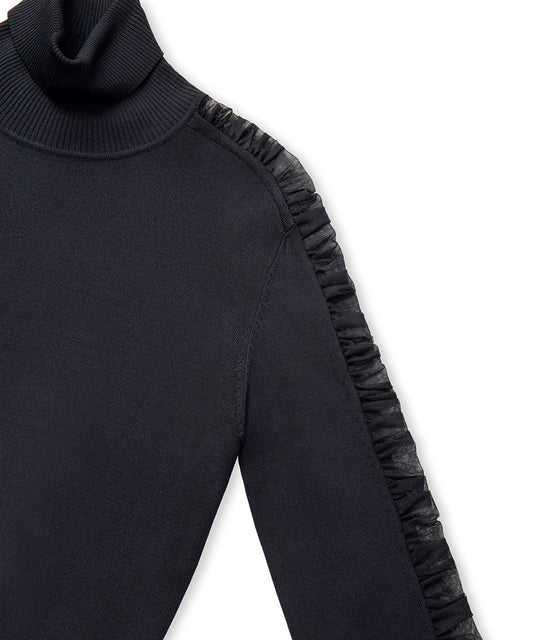 Draped Tulle-Sleeve Knit Top