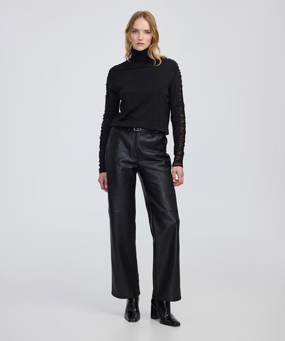 Draped Tulle-Sleeve Knit Top