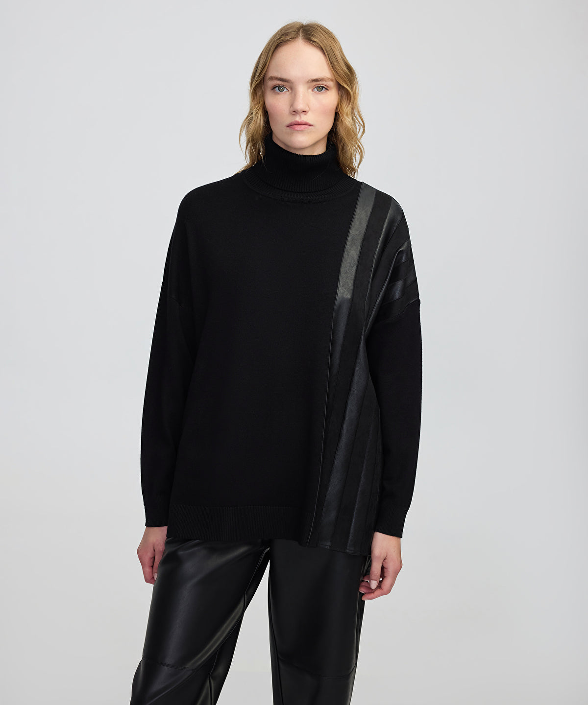 Zoomed Faux Leather & Suede Panel Sweater