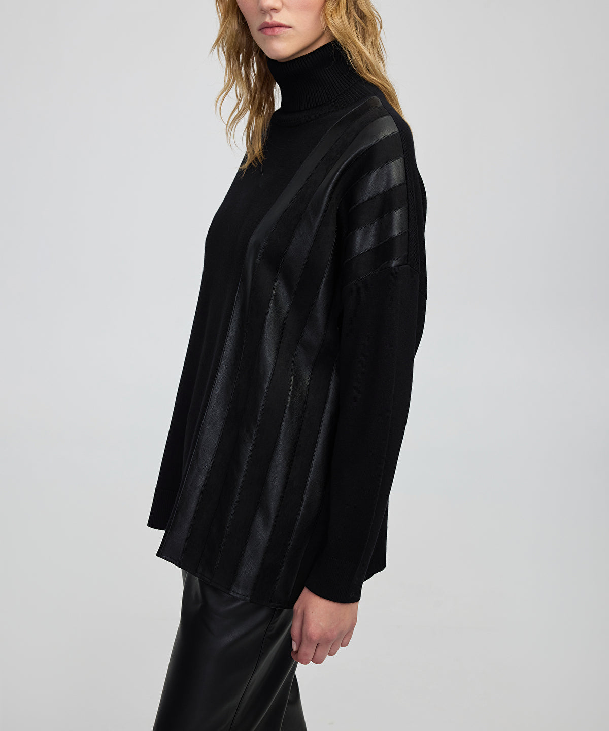 Zoomed Faux Leather & Suede Panel Sweater