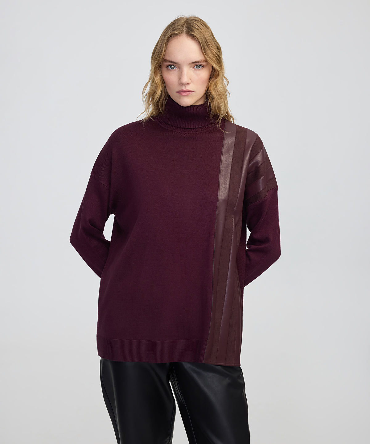 Zoomed Faux Leather & Suede Panel Sweater