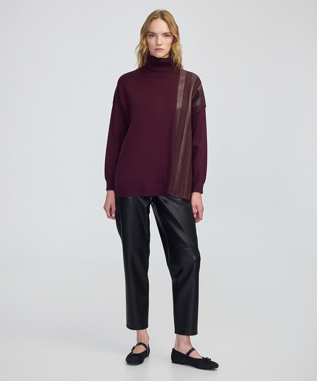 Zoomed Faux Leather & Suede Panel Sweater