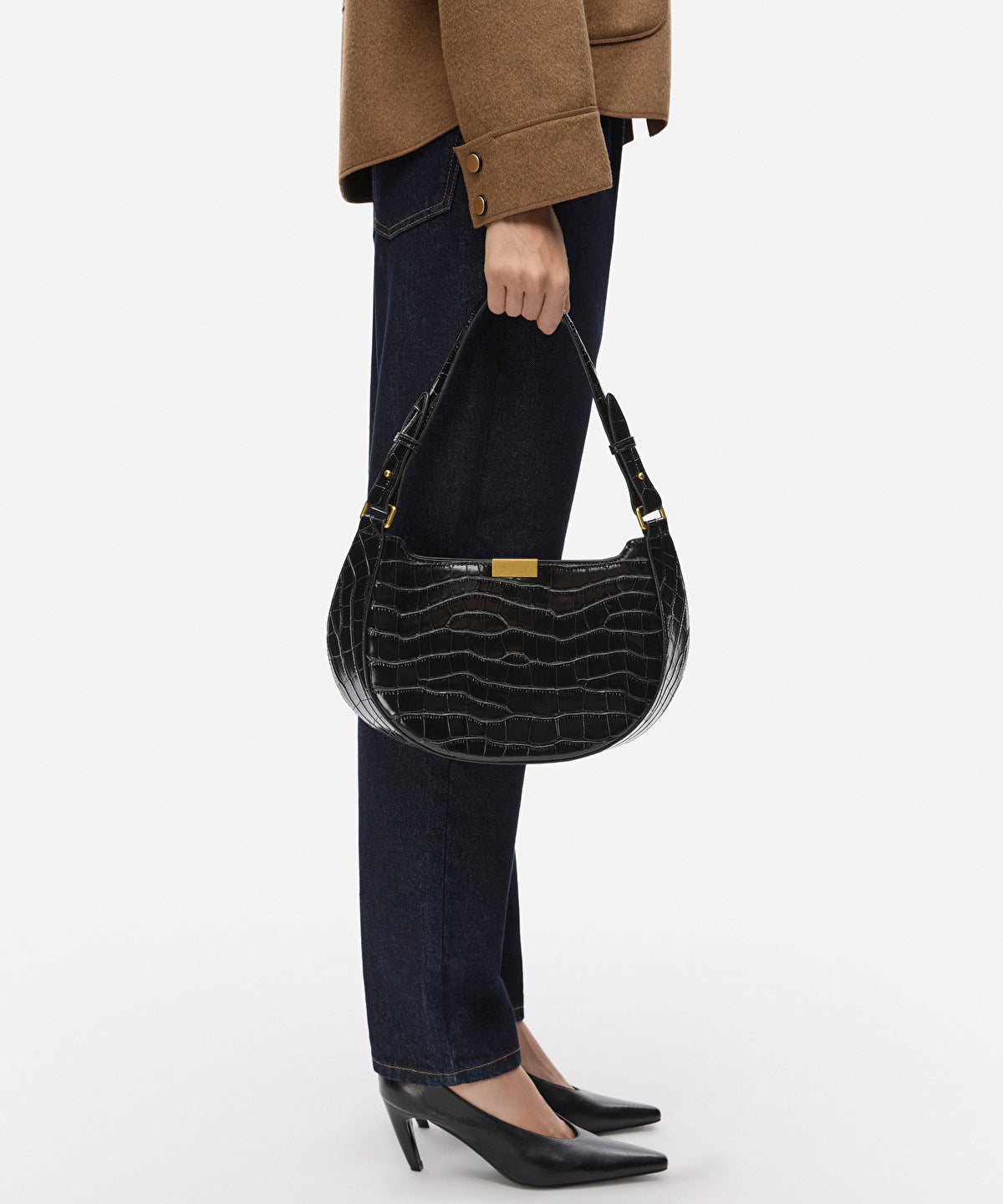 Zoomed Croc-Effect Double-Strap Bag