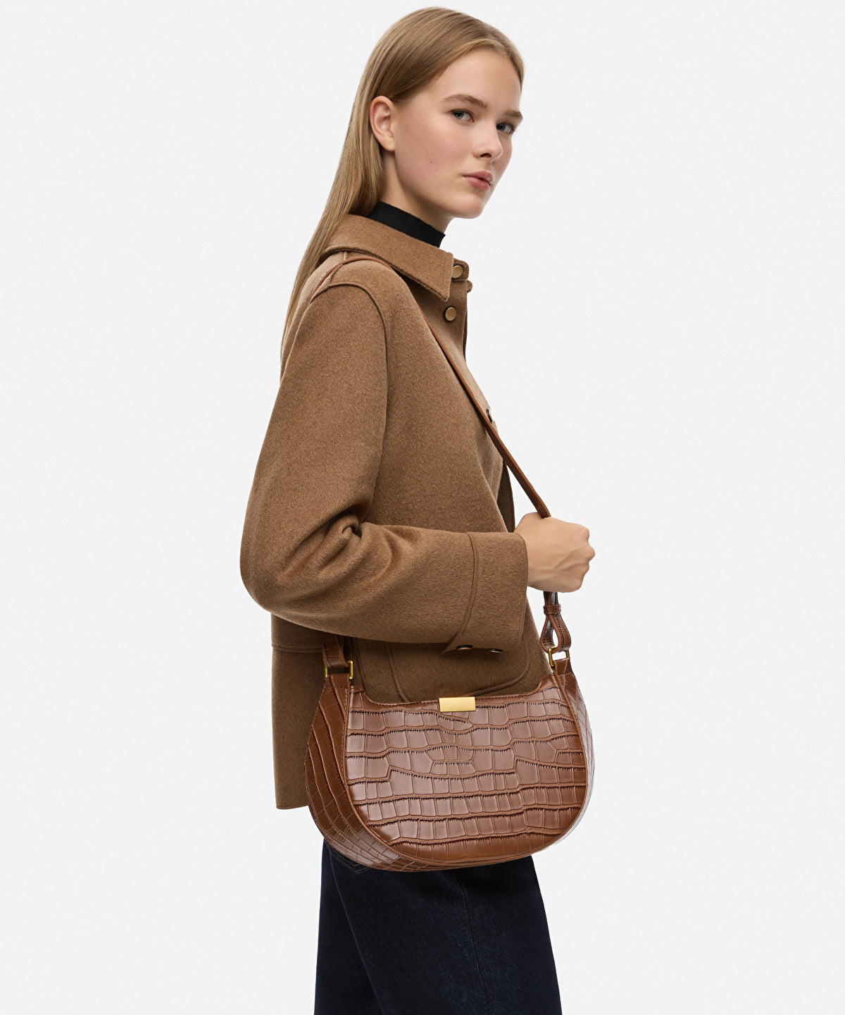 Zoomed Croc-Effect Double-Strap Bag