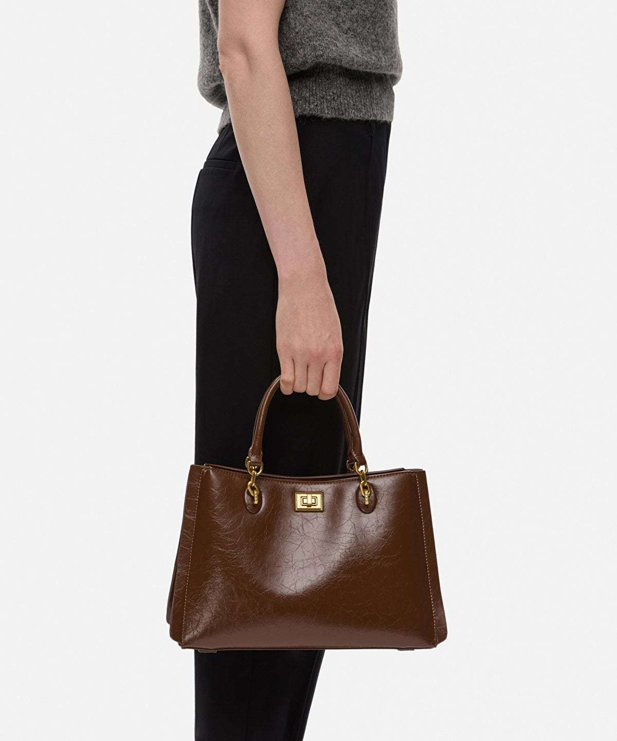 Zoomed Textured Leather-Effect Double-Strap Bag