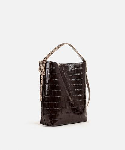 Contrasting Croc-Effect Bucket Bag