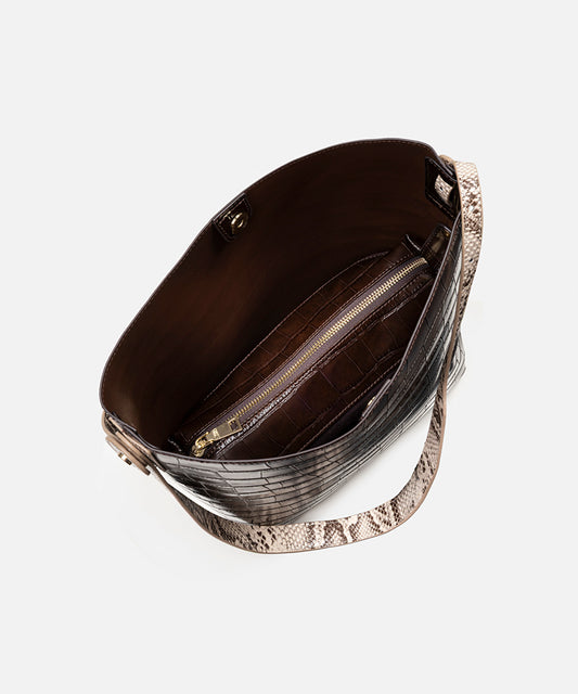 Contrasting Croc-Effect Bucket Bag