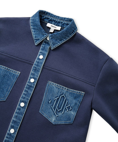 Denim-Trimmed Scuba Sweatshirt
