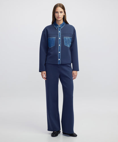 Denim-Trimmed Scuba Sweatshirt