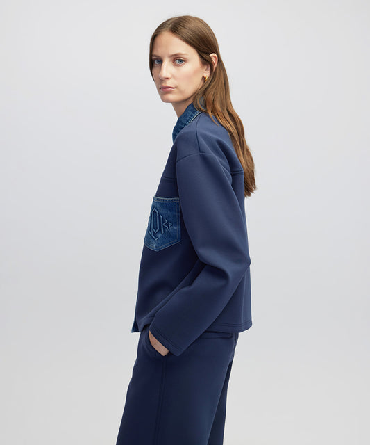 Denim-Trimmed Scuba Sweatshirt