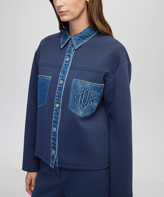 Denim-Trimmed Scuba Sweatshirt
