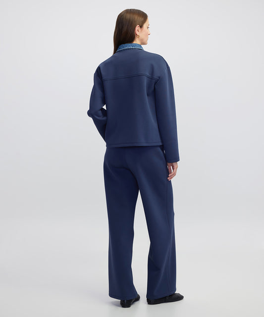 Denim-Trimmed Scuba Sweatshirt