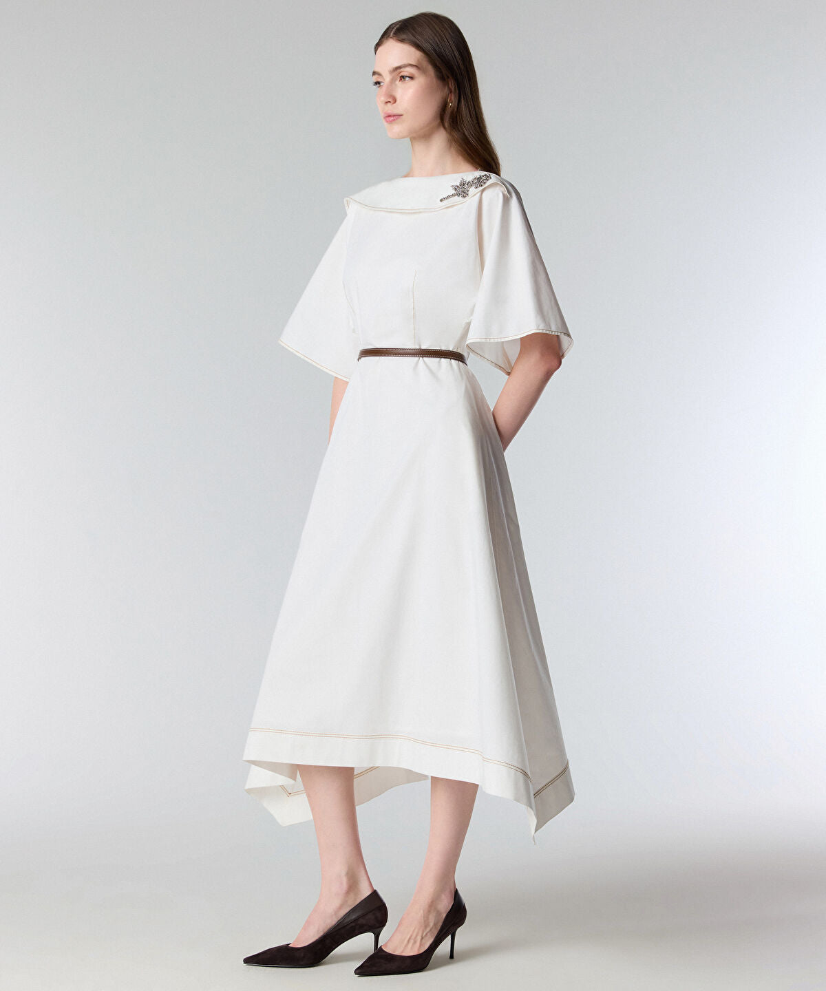 Embellished Neck Belted Dress