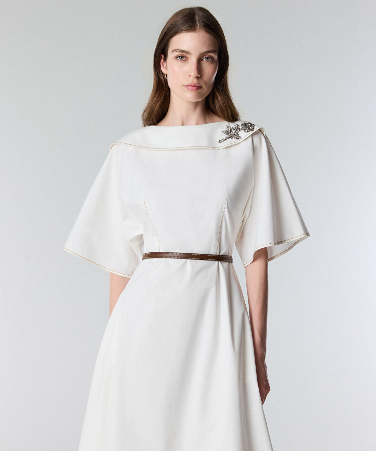 Embellished Neck Belted Dress
