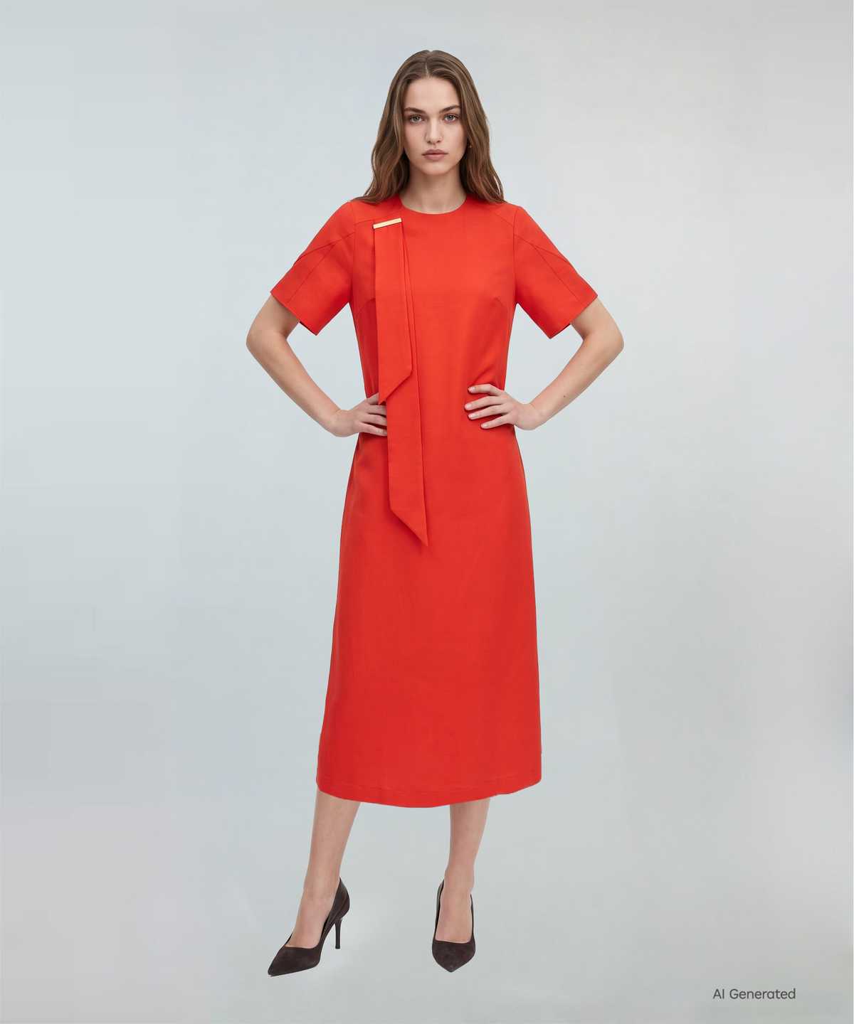 Linen Blend Scarf Neck Dress
