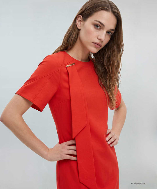 Linen Blend Scarf Neck Dress