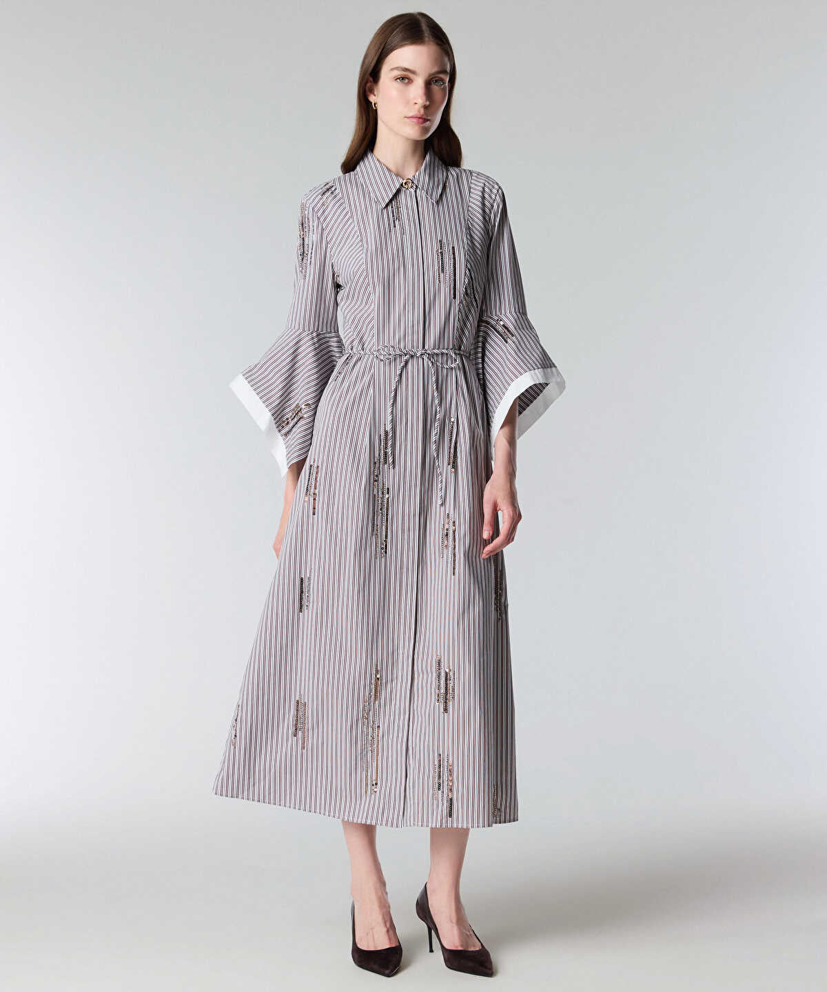 Embroidered Striped Shirt Dress