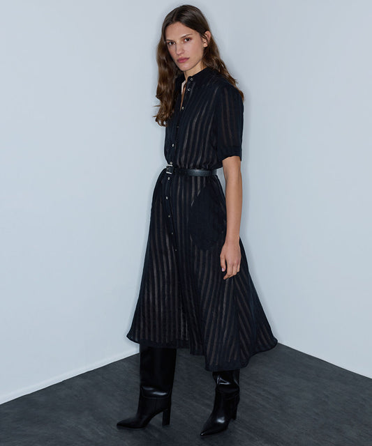 Sheer-Stripe Belted Dress