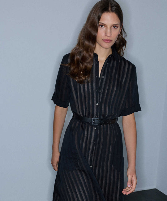 Sheer-Stripe Belted Dress