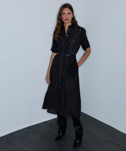 Sheer-Stripe Belted Dress
