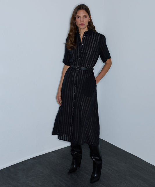 Sheer-Stripe Belted Dress