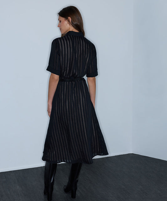 Sheer-Stripe Belted Dress