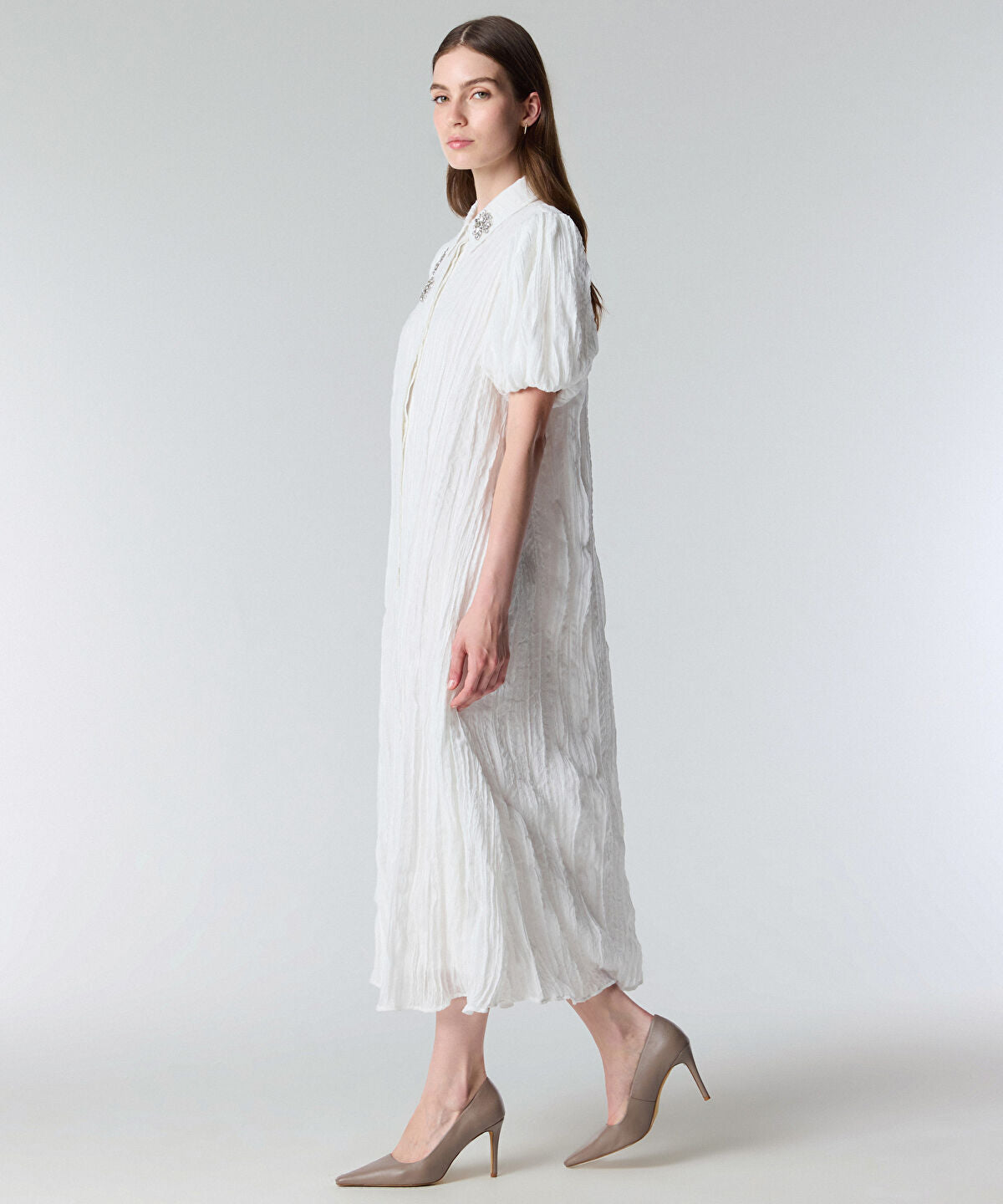 Crinkle Effect Embroidered Dress