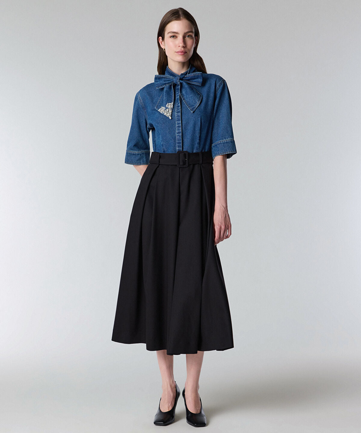 Zoomed Tie Neck Mixed Media Dress