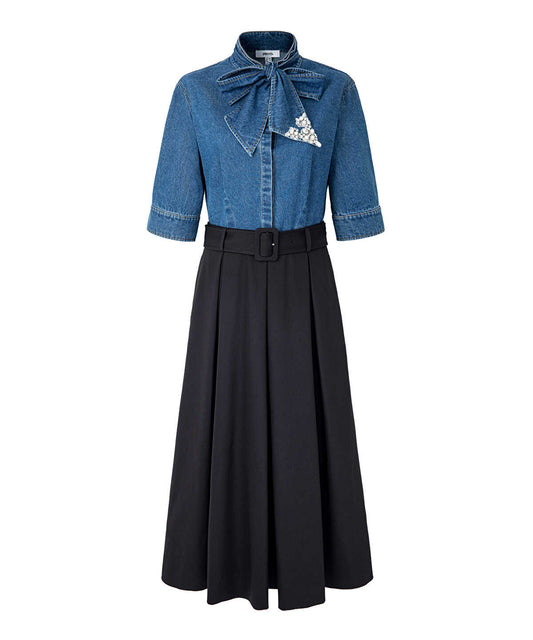 Tie Neck Mixed Media Dress