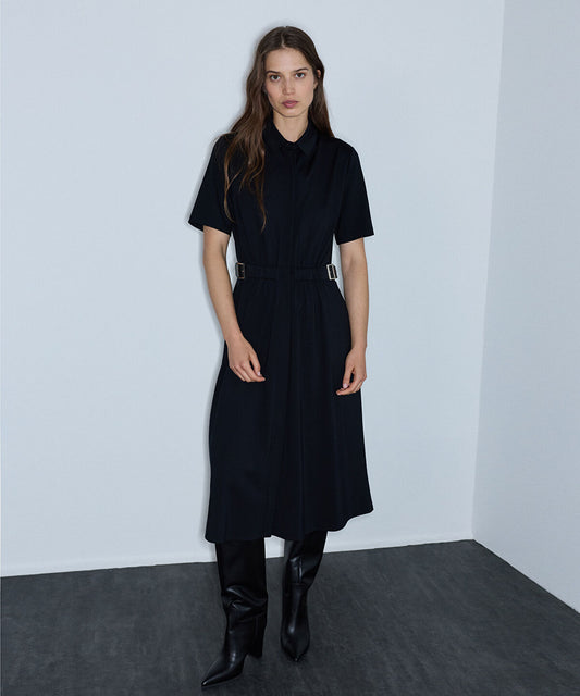 Dual-Buckle Belted Shirt Dress
