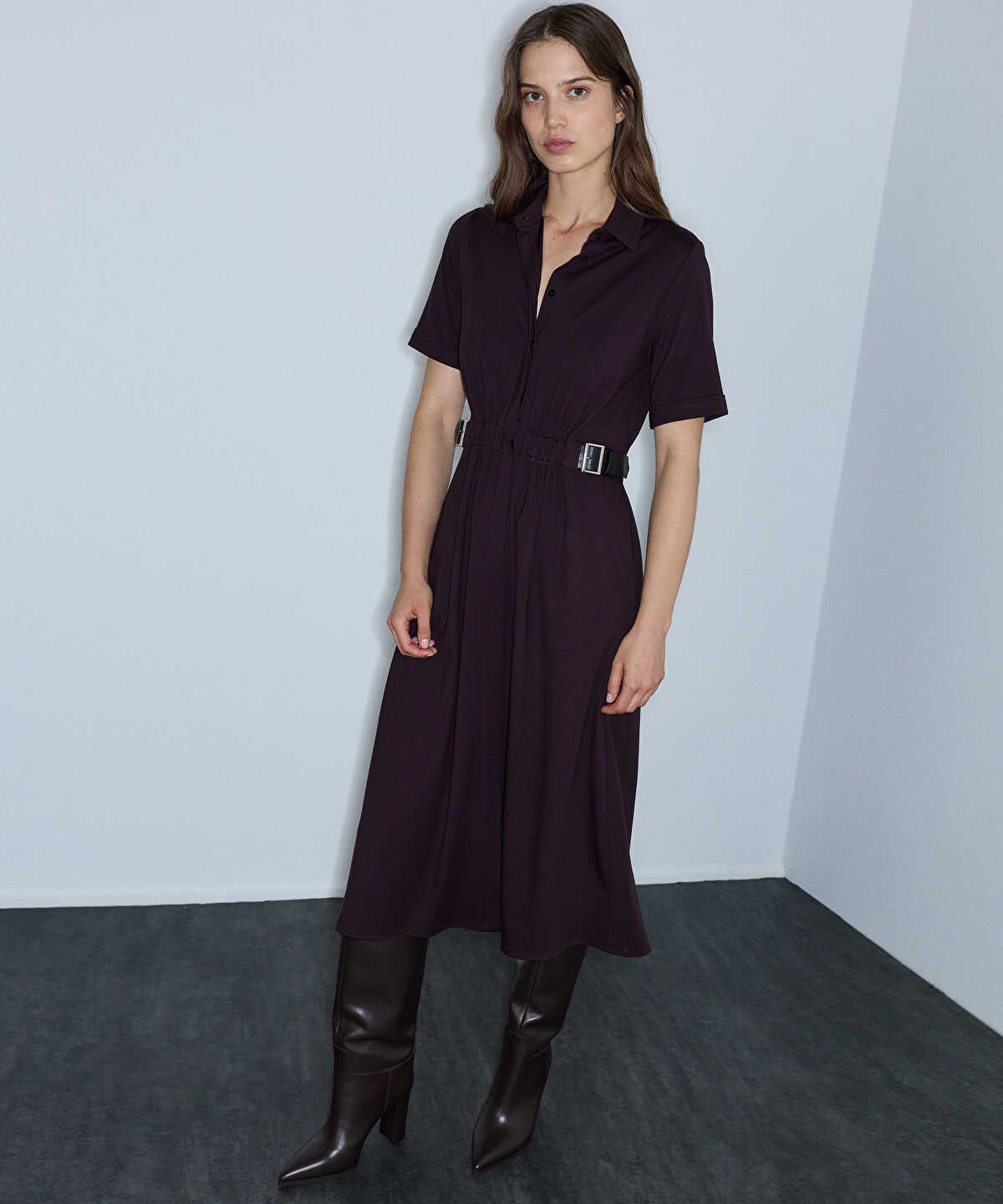 Zoomed Dual-Buckle Belted Shirt Dress