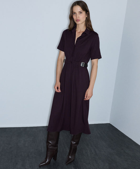 Dual-Buckle Belted Shirt Dress