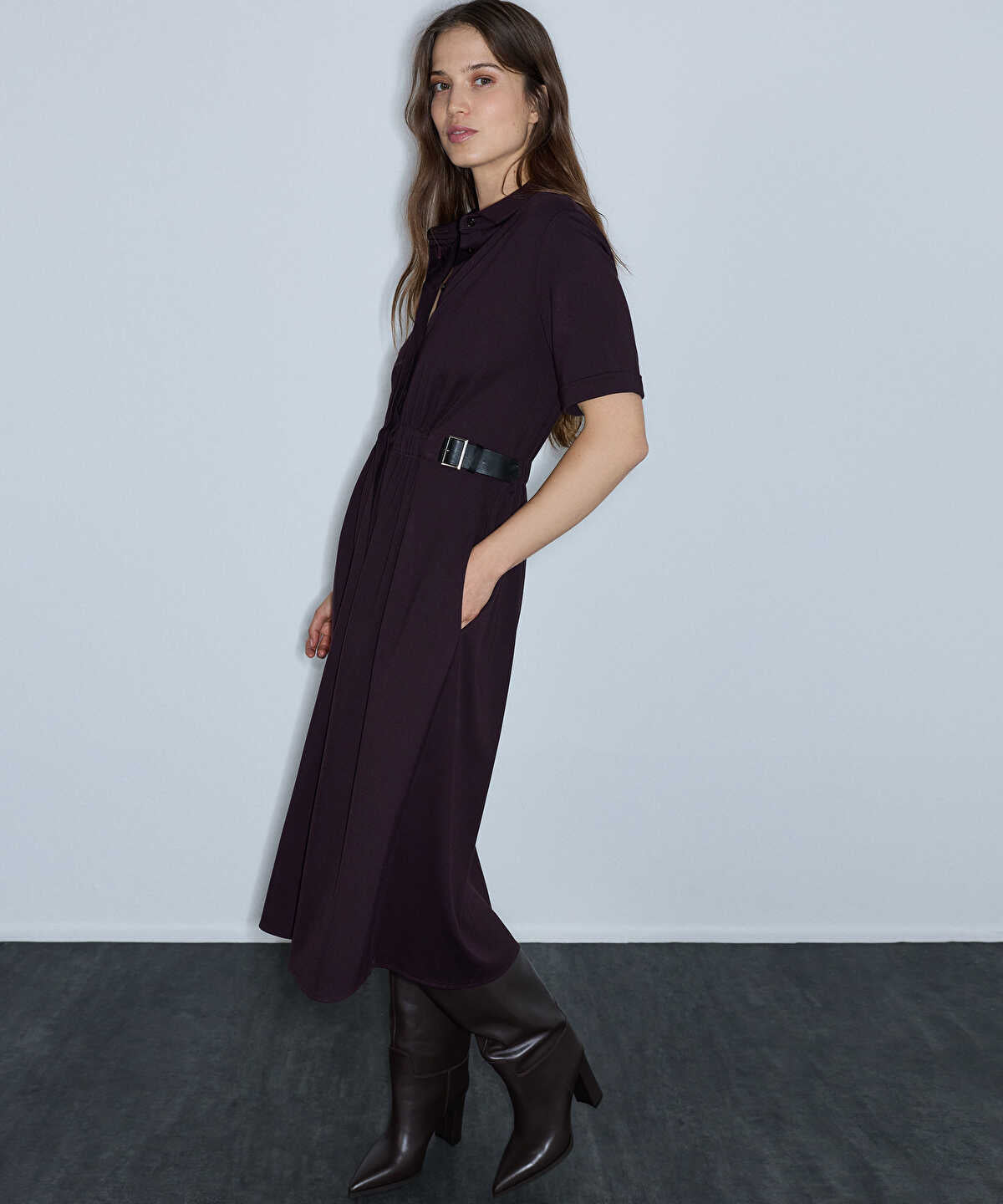 Zoomed Dual-Buckle Belted Shirt Dress