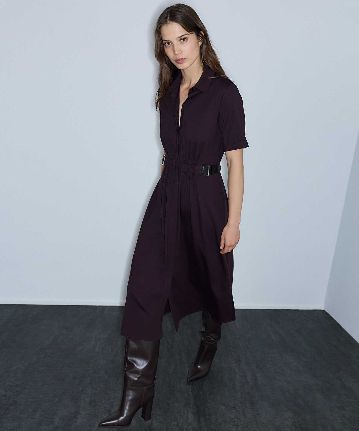 Zoomed Dual-Buckle Belted Shirt Dress