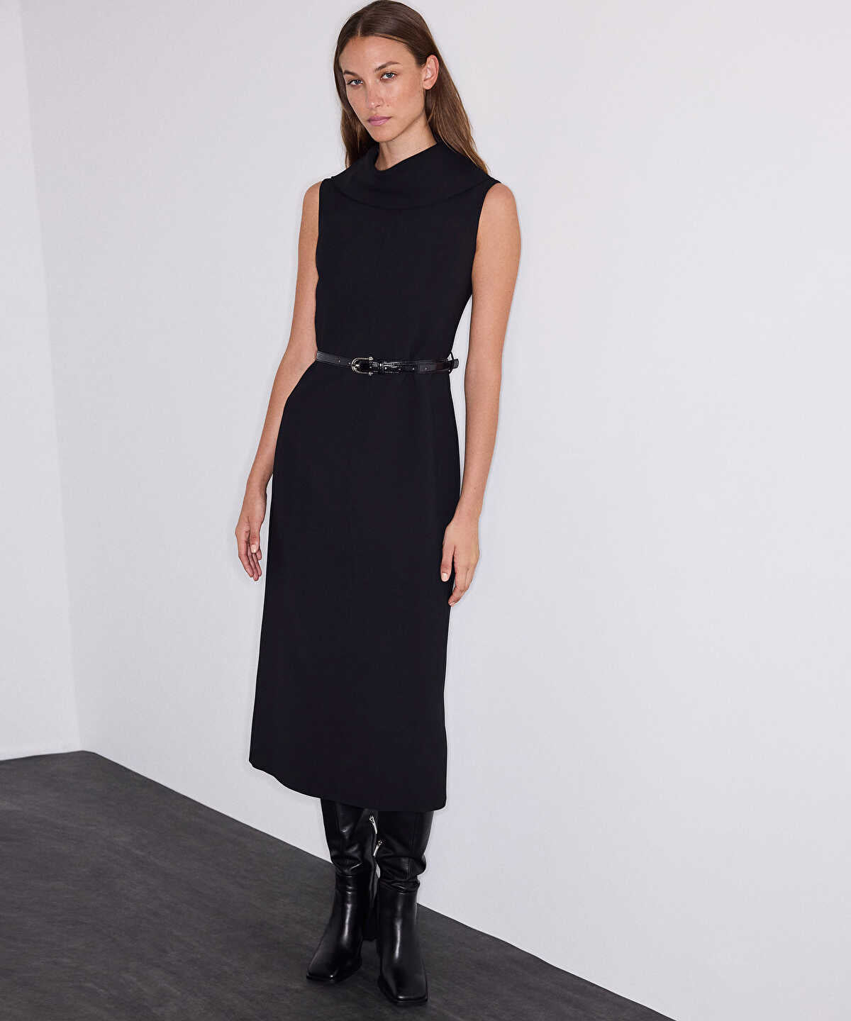 Croc-Effect Belted Dress