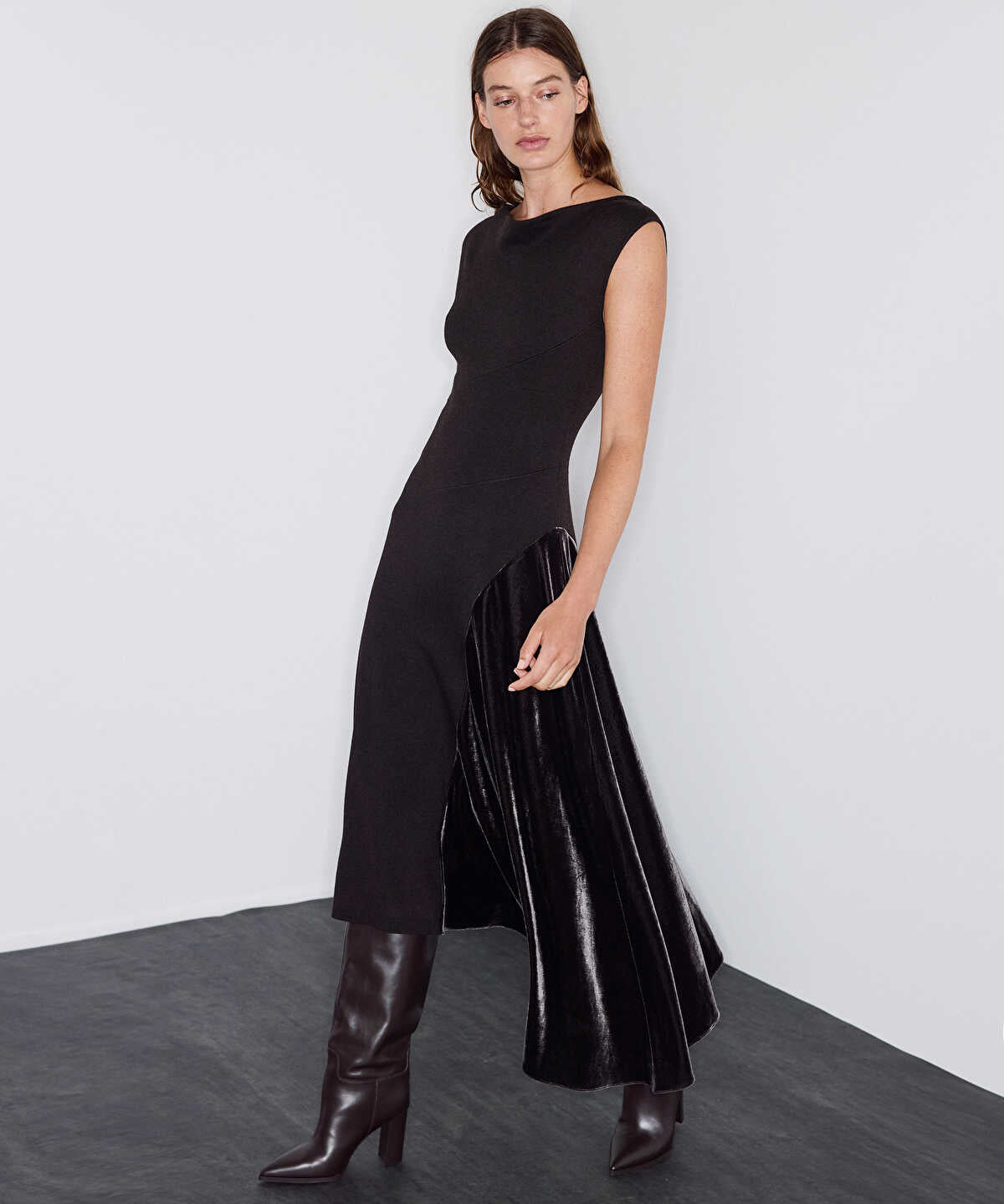 Mixed-Media Asymmetric Knit Dress