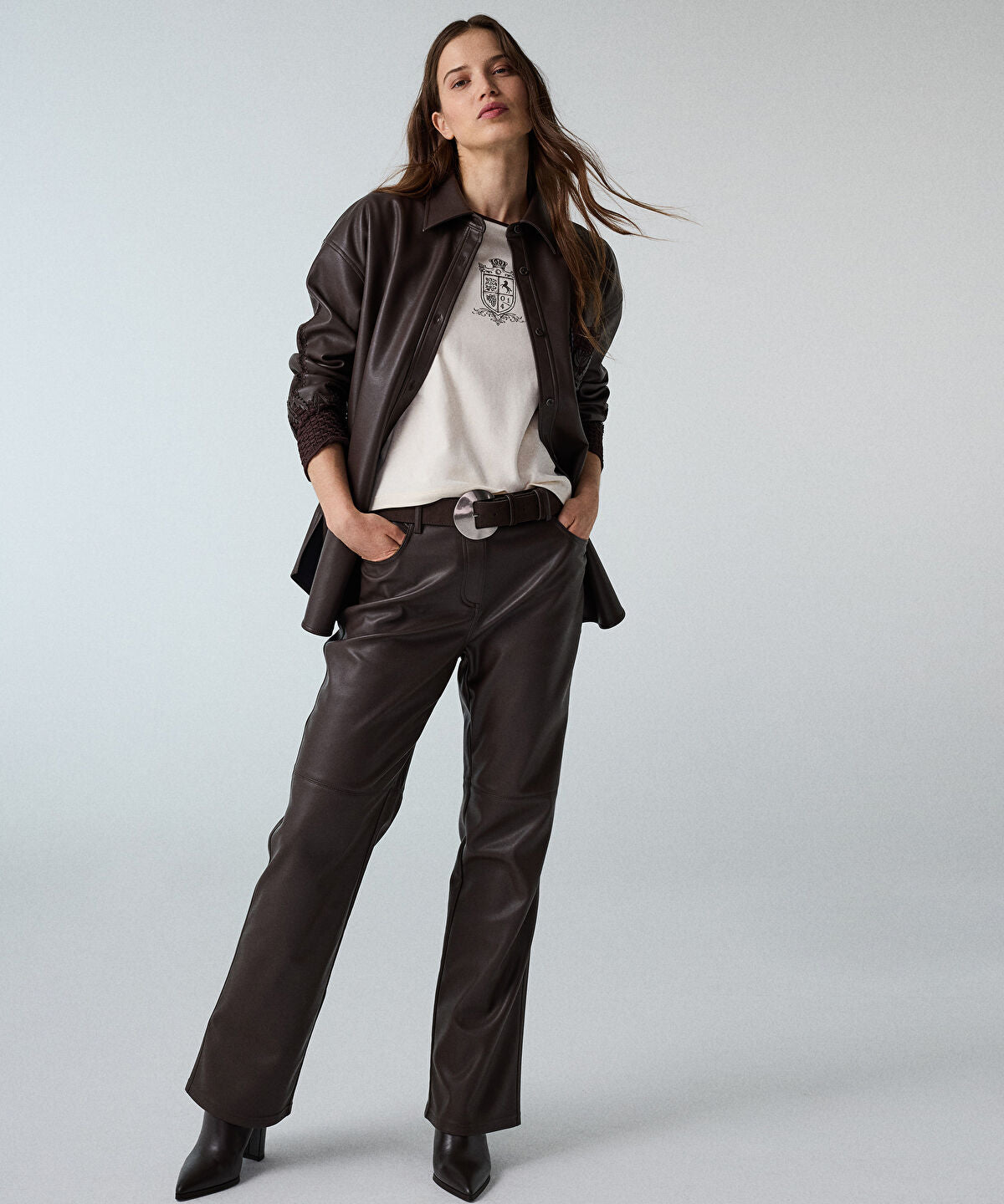 Zoomed Leather-Effect Wide-Leg Trousers