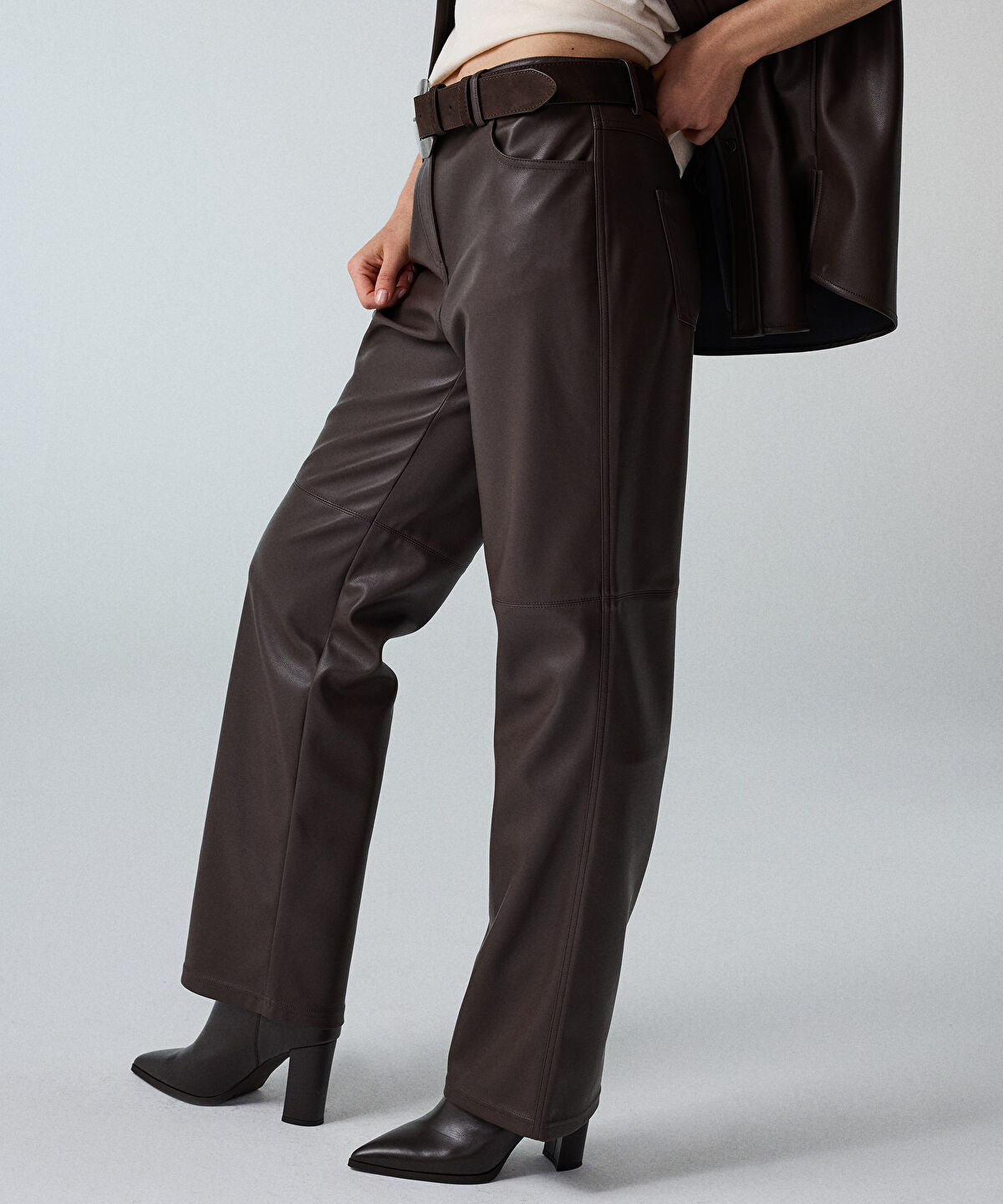 Zoomed Leather-Effect Wide-Leg Trousers