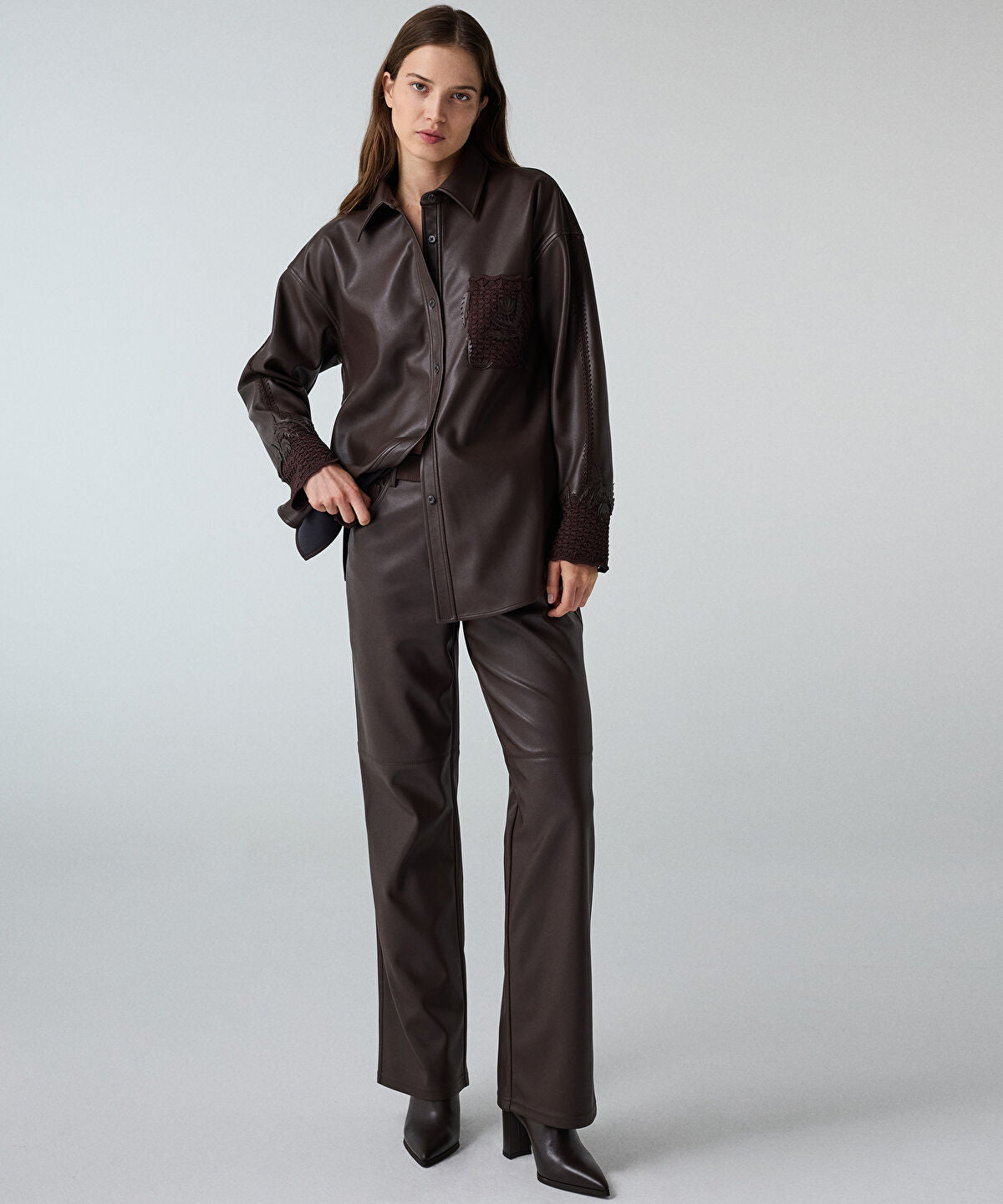 Leather-Effect Wide-Leg Trousers