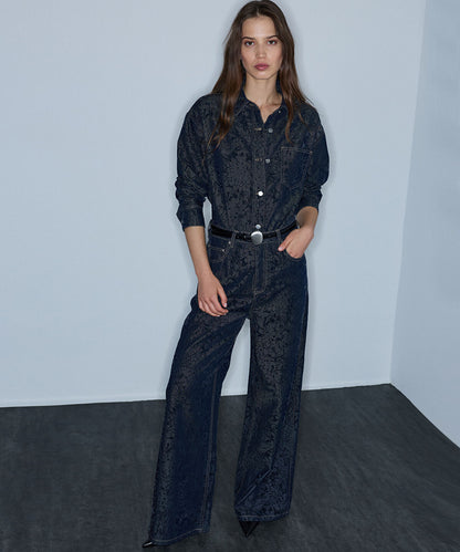 Flock-Printed Denim-Effect Trousers