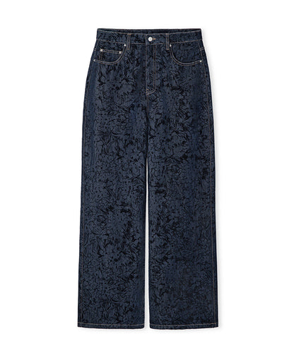 Flock-Printed Denim-Effect Trousers